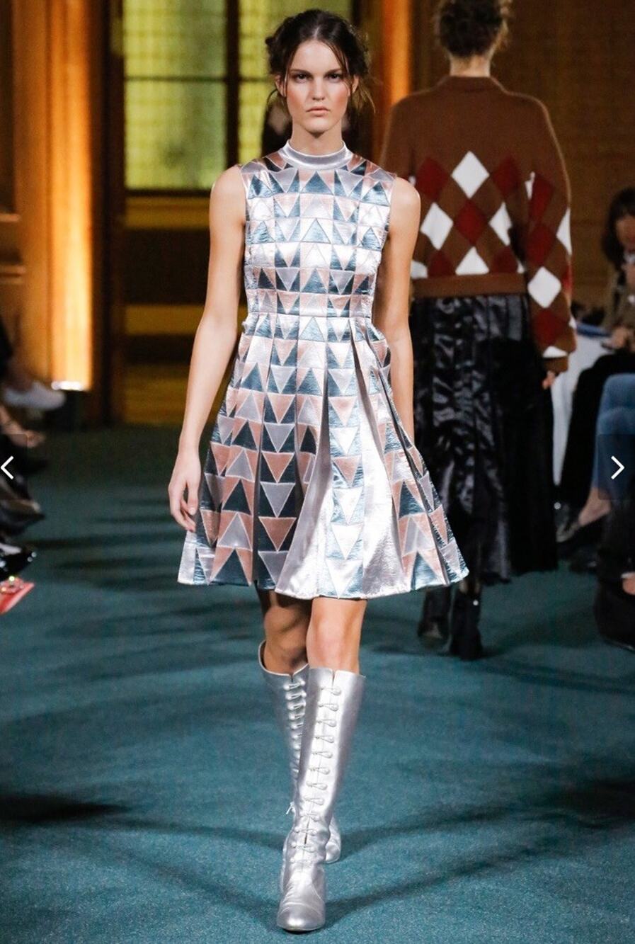 $3345 Huishan Zhang Metallic Silk A-Line Patchwork Dress Runway Collection US 6